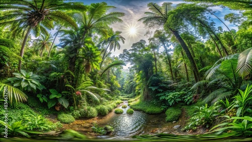 360-degree immersive tropical rainforest panorama  lush  vibrant  exotic  flora  rainforest  paradise  equirectangular  immersive  360-degree  panorama  lush foliage