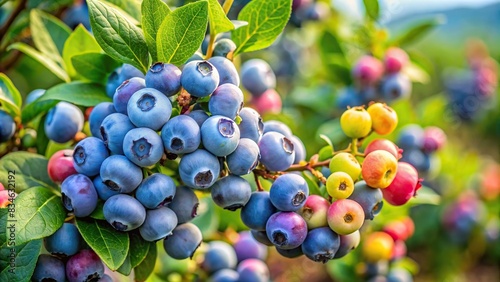 Branch of blueberries with berries at different stages of ripeness on the bush. Blueberry harvest ripening on the farm, blueberry, ripe, green, bush, farm, agriculture, branch, plant, organic photo