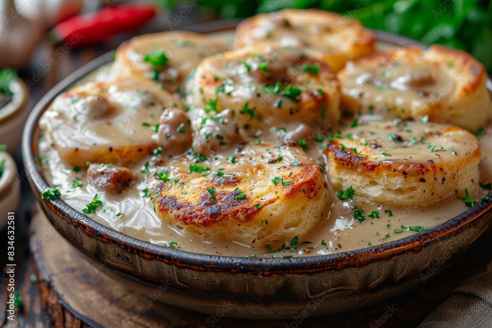 Biscuits and Gravy - Biscuits topped with creamy sausage gravy. 