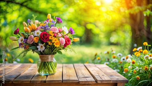 Wooden table with a bouquet of fresh flowers in a garden during springtime, with copy space, wooden table, flowers, garden, springtime, outdoors, nature, blooming, peaceful, serene, rustic #834632580