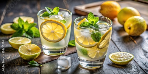 Two glasses of refreshing drink, one garnished with a lemon wedge , beverages, cocktails, lemon, citrus, glasses, refreshment, summer, bar, mocktail, party, celebration, alcohol-free photo