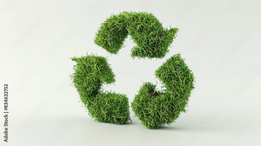 3D render of a grass textured green recycling symbol on a white background, with high resolution photography in an insanely detailed and intricate style. 3D render of a grass textured green recycling symbol on a white background, with high resolution photography in an insanely detailed and intricate style.