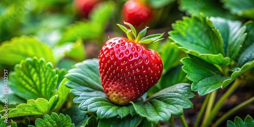 Vibrant red strawberry on lush green bush   ripe  fresh  delicious  fruit  natural  organic  agriculture  gardening  harvest  juicy  sweet  plant  leaves  farming  garden  summer  healthy