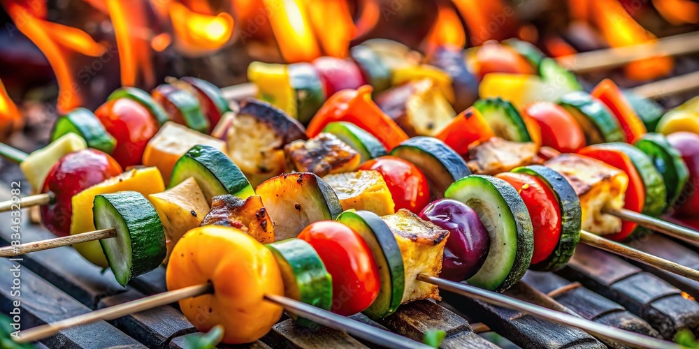 Grilled vegetables on skewers cooking over open fire close-up , barbecue, healthy, vegan, vegetarian, summer, food, grill, flame, cooking, delicious, outdoor, smoke, BBQ, meal, organic