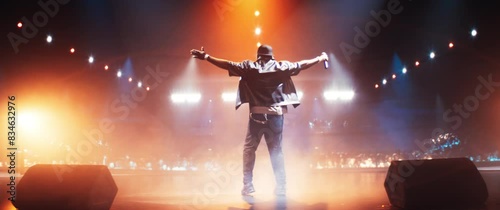 African Hip Hop Musician Delivers an Unforgettable Concert. Black Rapper Dancing on Stage, Charismatic Presence and Gangster Lyrics Captivate Music Goers. Footage From the Back. Anamorphic Shot photo