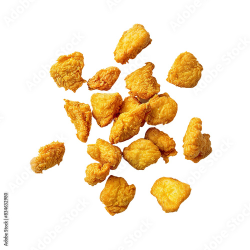 Golden fried chicken nuggets scattered on a white background, top view

 photo
