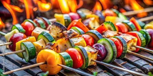 Grilled vegetables on skewers cooking over open fire close-up , barbecue, healthy, vegan, vegetarian, summer, food, grill, flame, cooking, delicious, outdoor, smoke, BBQ, meal, organic © wasana