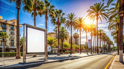 Sunny day on a bustling city street with empty billboard and palm trees , city, street, urban, sunny, empty, billboard, palm trees, skyline, vibrant, downtown, modern, commercial photo