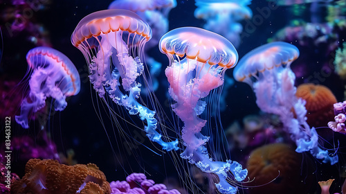 Jellyfish illuminated by soft lighting in a fish tank photo