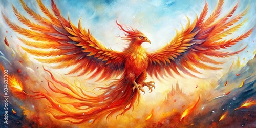 Vibrant watercolor painting of a fiery phoenix rising on a light background, watercolor, painting, phoenix, fiery, vibrant, colors, fluid brushstrokes, abstract, mythical, bird, rebirth #834633302