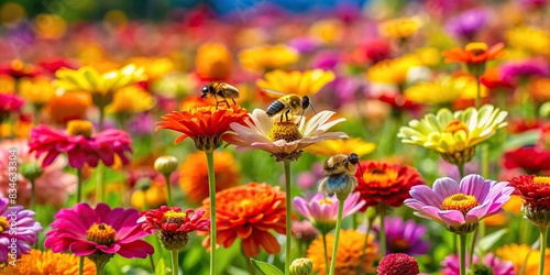 Field of vibrant flowers with honeybees collecting nectar , garden, honeybees, blooming plants, pollination, nature, colorful, meadow, pollinators, insects, vibrant, spring, summer, beauty photo