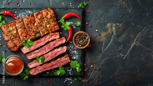  A cutting board holding sliced meat, nearby is a bowl of sauce, and a pepper shaker atop a black slate board Red pepper is sprinkled, garnished with photo