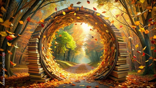 Circular portal made of swirling books leading to a bright autumnal world with dancing leaves , vibrant, artwork, circular, portal, swirling, books, autumnal, world, leaves, whimsical, dance photo