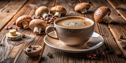 Close-up of a cup of mushroom coffee on a wooden table  mushroom coffee  healthy drink  trendy  antioxidants  cup  wood  table  beverage  hot drink  alternative  natural  organic  fungi
