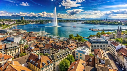 Aerial view of Geneva skyline with Jet d'eau fountain and Lake Leman from the bell tower of Saint-Pierre Cathedral on a sunny day, Geneva, Switzerland, cityscape, skyline photo