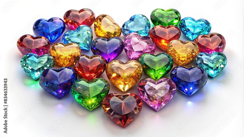 Colorful heart-shaped gemstones isolated on background, gemstones, diamonds, crystal, sapphires, rubies, heart shape, shiny, background, vibrant, colorful, precious stones, luxury, jewelry