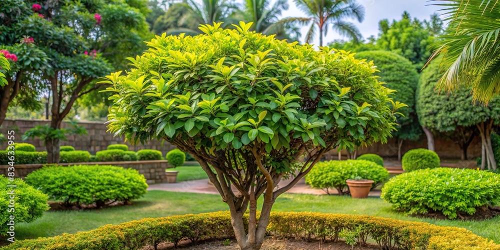 Indian Sandalwood plant in a lush garden setting , Sandalwood, plant, garden, India, aromatic, tree, leaves, nature, cultivation, green, wood, fragrant, botanical, horticulture, stem, growth