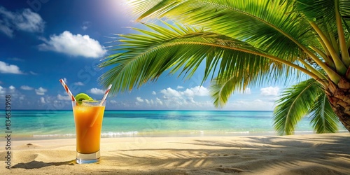 Tropical paradise beach scene with glass straw drink under palm tree by sea  beach  palm tree  sea  sunny  hot  drink  glass straw  sunglasses  curly hair  tropical paradise  vacation