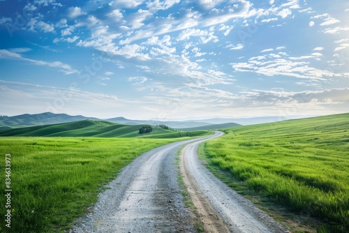 Scenic view of a rural road through a lush green field © STOCK AI