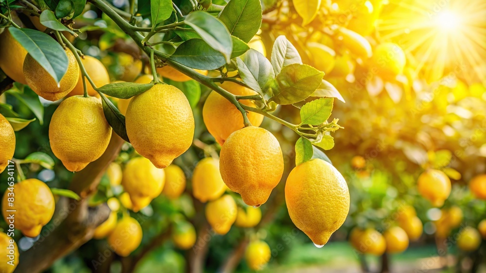 Fresh lemons hanging on a tree branch in a sunny garden , ripe, citrus, yellow, vibrant, harvest, organic, agriculture, vitamin C, healthy, natural, sunlight, leaves, fragrant, juicy