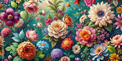 Beautiful fantasy wallpaper featuring a different botanical flower bunch motif for floral print digital background , fantasy, wallpaper, botanical, flower, bunch, motif #834634140