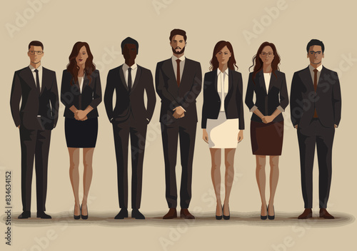 Business Team of Six Professionals in Formal Attire, Minimalistic Vector Illustration, Concept of Teamwork, Leadership, and Corporate Success in Office Setting