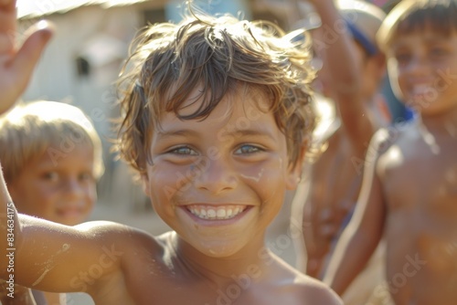 Portrait of a smiling boy with his friends on the beach. © Loli