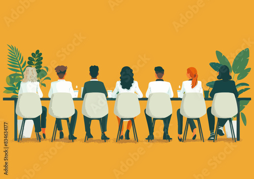 Business Team Listening to Teacher Minimalist Illustration, Education and Learning Concept, Office Meeting Coaching at Daytime with Diverse Group Plants Decor