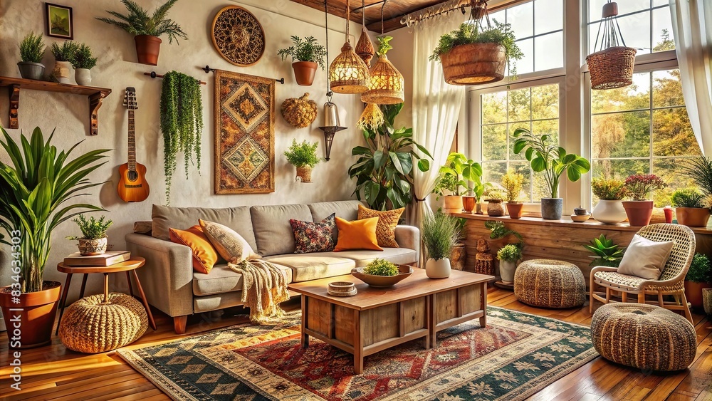 Cozy boho living room interior with no people, bohemian, comfortable, homey, eclectic, cozy, vintage, decor, plants, pillows, rug, furniture, ambient, relaxing, cultural, trendy, stylish