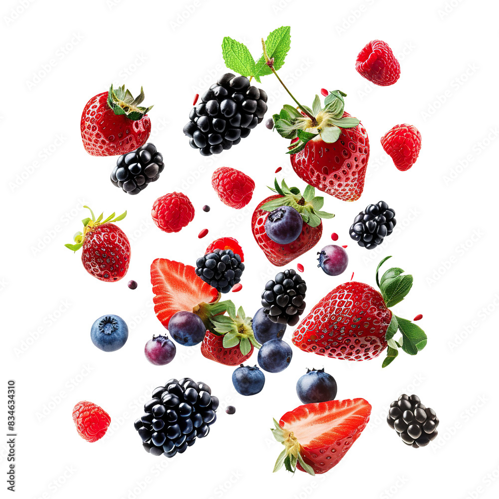 Assorted Fresh Berries in Flight with Leaves, White Background, Dynamic View
Assorted Fresh Berries in Flight with Leaves, White Background, Dynamic View