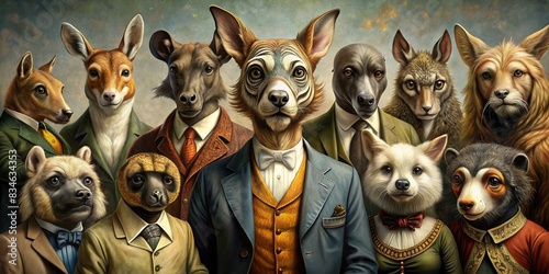 Anthropomorphic animals posing together in a group portrait, anthropomorphic, animals, group, portrait, character, cute, cartoon,wildlife, diversity, unity, team, furry, fantasy, whimsical photo