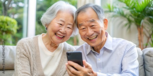 Image of a smartphone displaying various apps being used by an elderly Asian couple, both smiling and enjoying themselves, smartphone, apps, technology, Asian, elderly, couple, happy photo