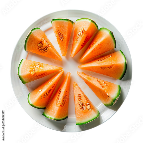 Sliced cantaloupe melon pieces arranged like a pinwheel on a white circular plate, overhead view, isolated food photo

 photo