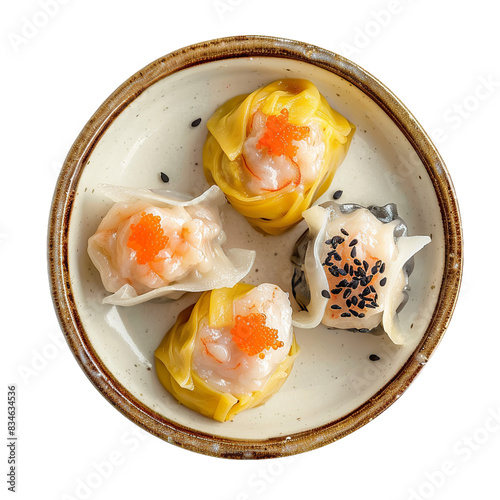 Assorted dim sum with shrimp and topping in a ceramic plate, top view, isolated on white

 photo