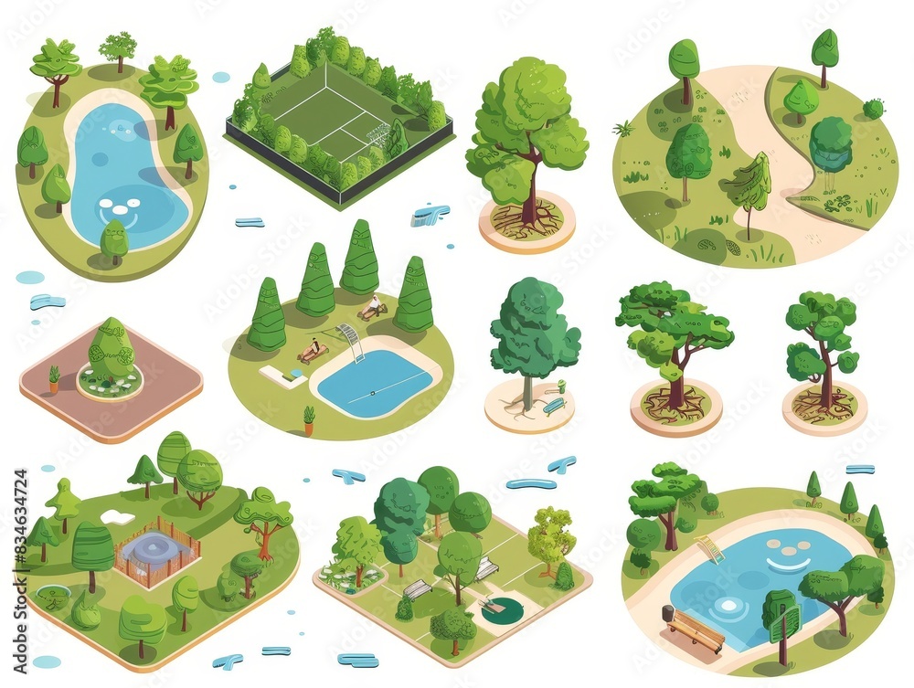 Fototapeta premium Isometric illustrations of parks and recreational areas, showcasing detailed landscapes.
