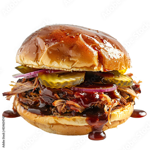 Pulled pork burger with sesame bun, pickles, red onion, and barbeque sauce, close-up studio shot

 photo