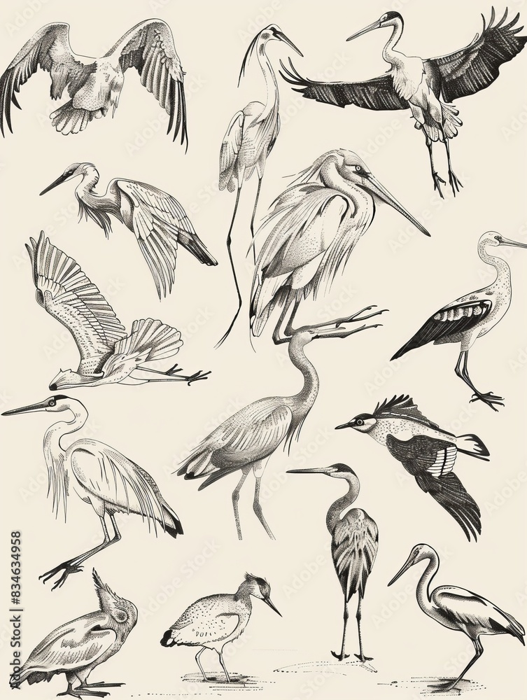 Hand-drawn elements of birds, including various species in detailed drawings. Hand-drawn elements of birds, including various species in detailed drawings.