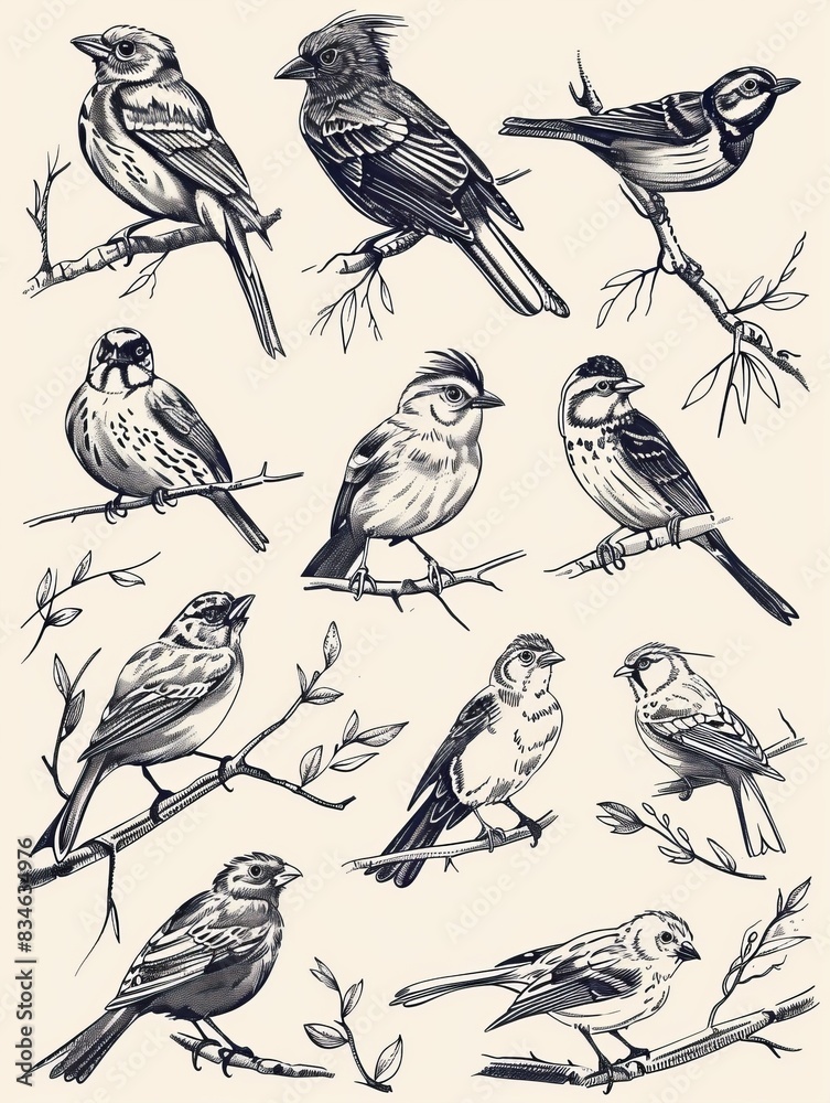 Obraz premium Hand-drawn elements of birds, including various species in detailed drawings.