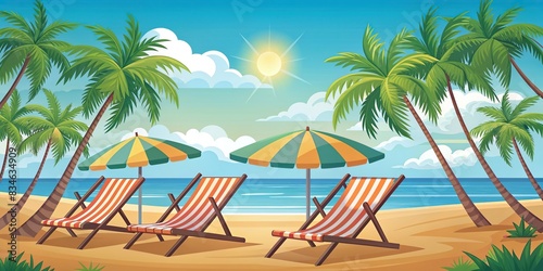 of beach sun loungers with palm trees in flat style   beach  sun loungers  palm trees   tropical  vacation  relaxation  summer  chairs  flat design  leisure  holiday  resort  seaside