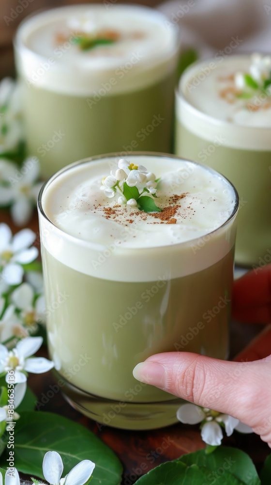 A hand is pointing towards a cup of matcha green on a table A hand is pointing towards a cup of matcha green on a table