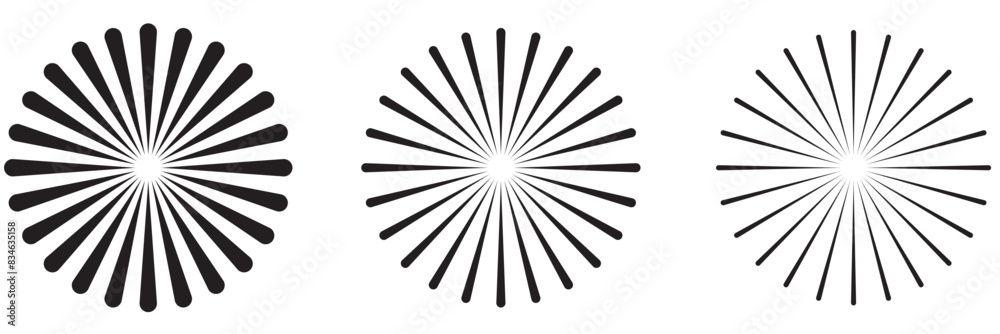Radial circle lines. Circular radiating lines geometric element. Sun star rays symbol. Abstract geometric shapes. Design element. Vector illustration isolated on white background. Radial circle lines. Circular radiating lines geometric element. Sun star rays symbol. Abstract geometric shapes. Design element. Vector illustration isolated on white background.