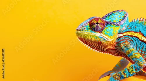 Obraz multi-colored chameleon on a yellow background with copy space