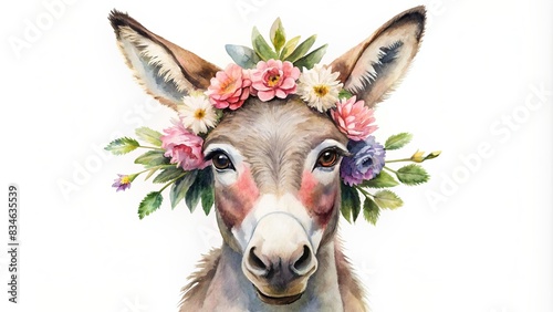 Cute donkey portrait with flowers crown in watercolor style, perfect for baby animal prints and nature lovers, donkey, portrait, cute, flowers, crown, watercolor, baby, wildlife