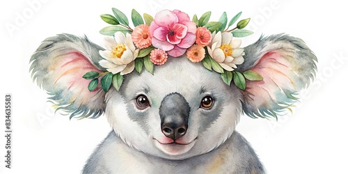 Watercolor koala baby portrait with flowers crown on white background, watercolor, koala, baby, portrait, flowers, crown, wildlife, animal, cartoon, drawing