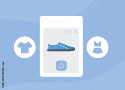 Social commerce transforms shopping with buy on social media marketplaces. Social media retail, shoppable posts and influencer commerce to boost sales and explore new trends. Vector illustration