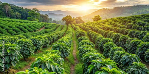 Coffee farm plantation field with rows of lush green plants, perfect as a wallpaper background, coffee, farm, plantation, field, garden, wallpaper, background, agriculture, beans, growth photo