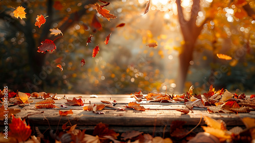 landscape autumn fall lake sunset maple tree, foliage, wooden table wallpaper background