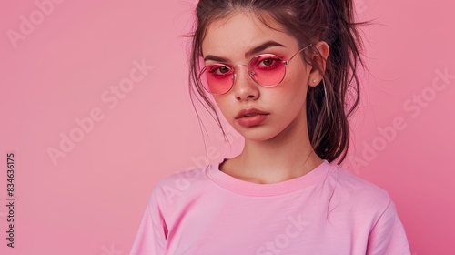  A young girl wears a pink t-shirt and sunglasses, with her hair in a ponytail © Mikus