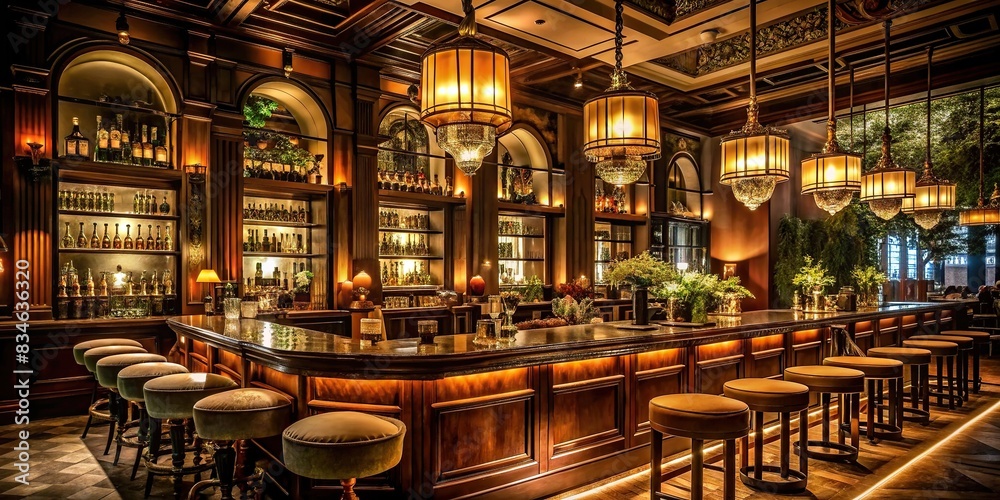 Dimly lit bar in a fancy restaurant with elegant decor , upscale, stylish, sophisticated, ambiance, atmosphere, interior design, classy, modern, luxury, exclusive, dramatic lighting