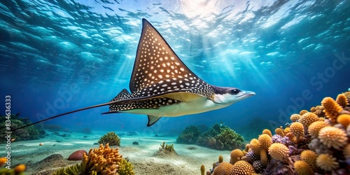 Majestic spotted eagle ray gracefully gliding over vibrant coral reefs and tranquil sandy ocean floor in serene marine environment , underwater, spotted eagle ray, coral reefs photo